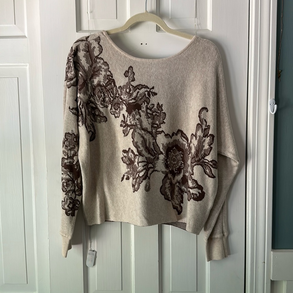 Floral Patterned Cream and Brown Sweater